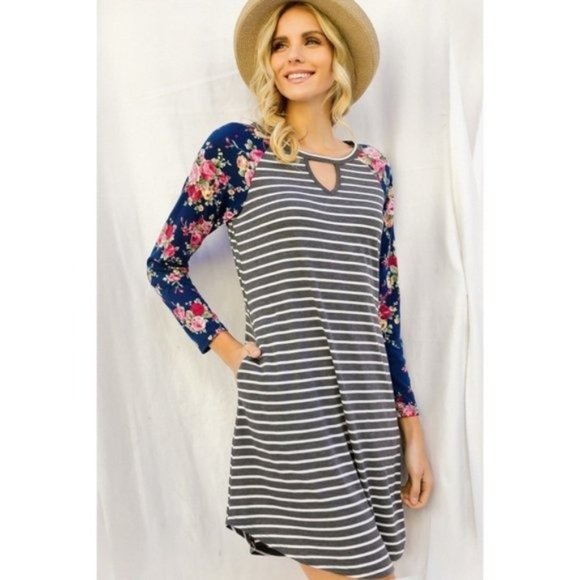 Davi & Dani Floral Printed Strpe Tee Dress - Picture 1 of 12